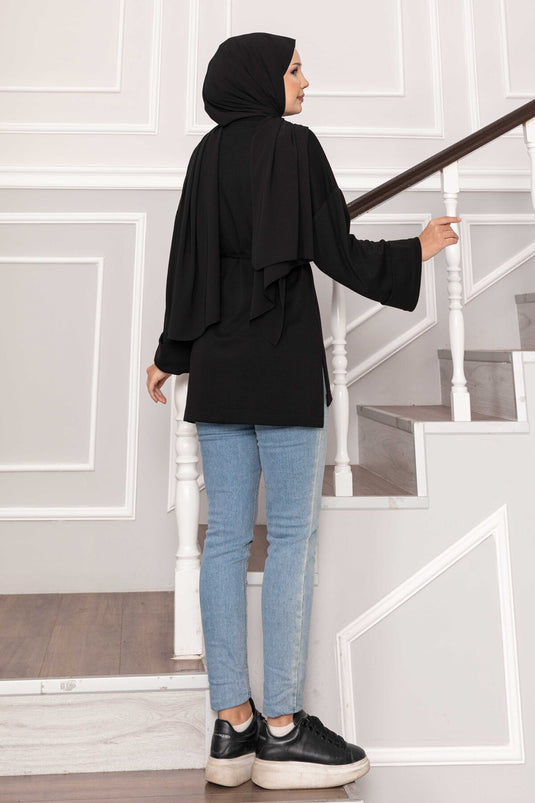 Oysho Tunic with Folded Sleeves and Belt, Black