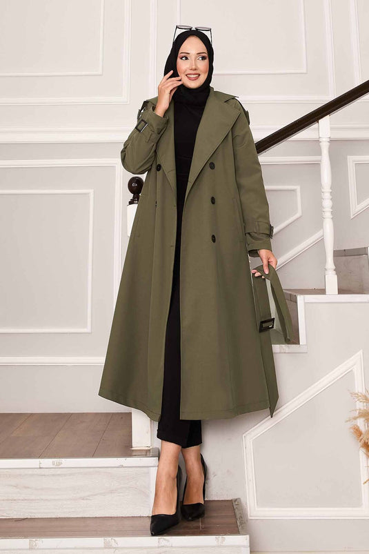 Kolu Kemer Detaylı Su Geçirmez Trenç Haki