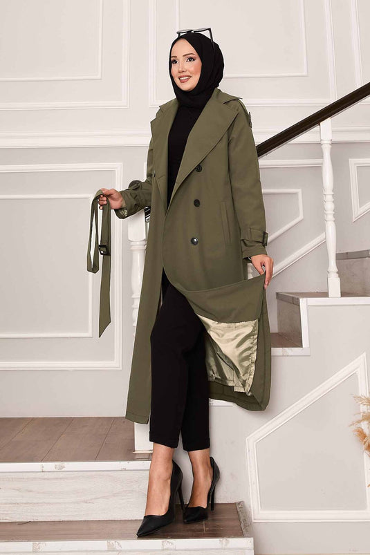 Kolu Kemer Detaylı Su Geçirmez Trenç Haki