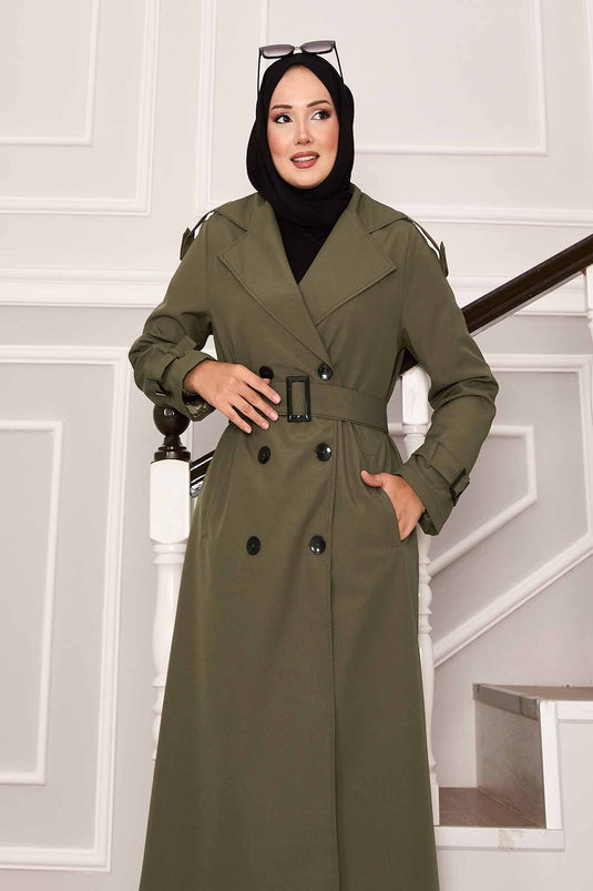 Kolu Kemer Detaylı Su Geçirmez Trenç Haki