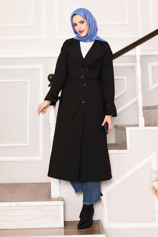 Kolu Kemer Detaylı Su Geçirmez Trenç Siyah