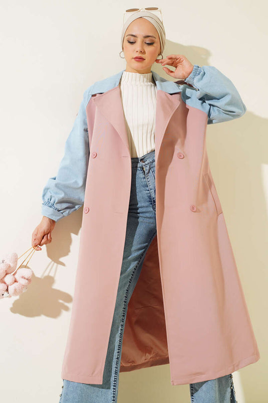 Trench con manica in denim cipria