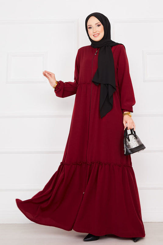 Abaya Hijab con Mangas Elásticas y Fruncido en Color Rojo Claret