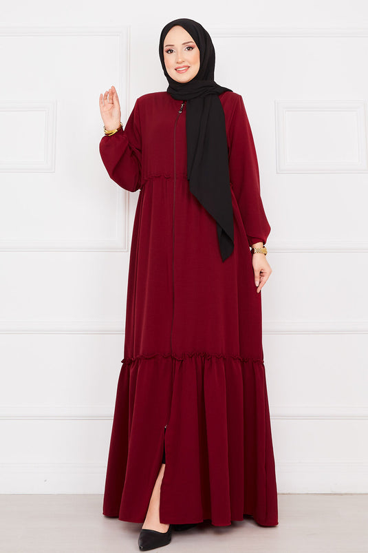 Abaya hijab froncée à manches élastiques rouge bordeaux