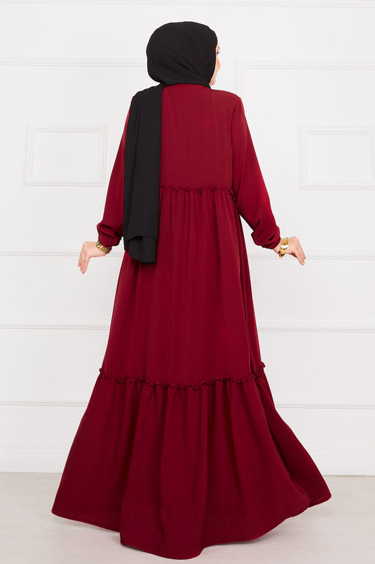 Elastische Ärmel Geraffte Hijab Abaya Weinrot