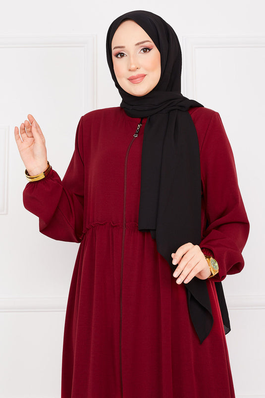 Abaya hijab froncée à manches élastiques rouge bordeaux