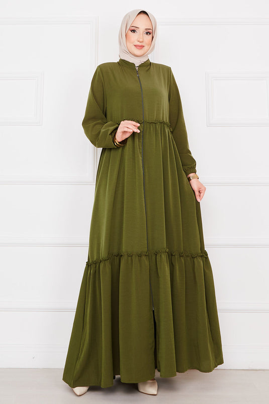 Elastische Ärmel Kordelzug Hijab Abaya Khaki