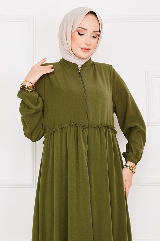 Elastische Ärmel Kordelzug Hijab Abaya Khaki