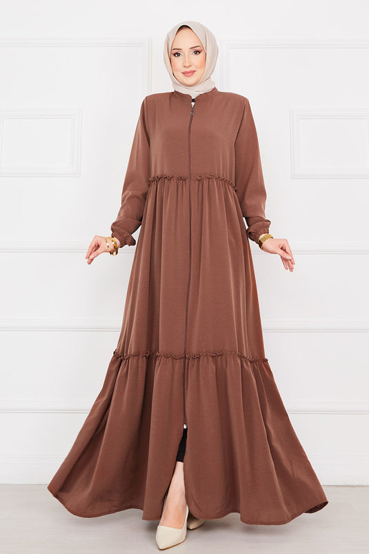 Abaya marrón con hiyab y mangas elásticas y cordón ajustable