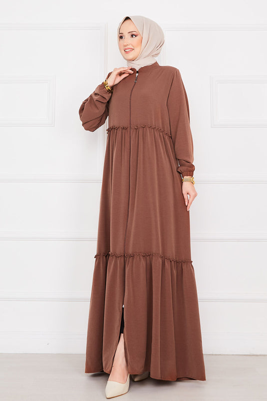 Abaya marrón con hiyab y mangas elásticas y cordón ajustable