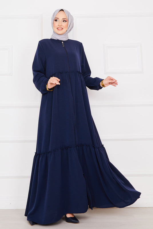 Abaya hijab à manches élastiques et cordon de serrage bleu marine