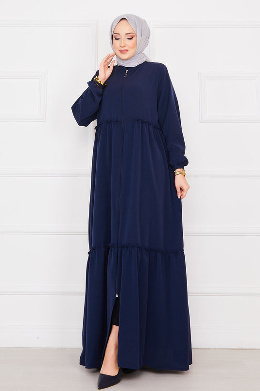 Abaya hijab à manches élastiques et cordon de serrage bleu marine