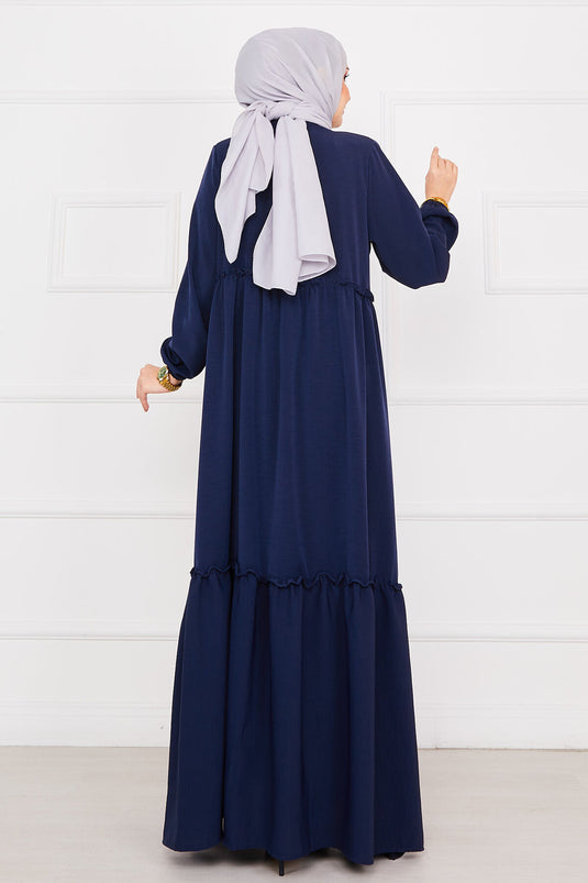 Abaya hijab à manches élastiques et cordon de serrage bleu marine