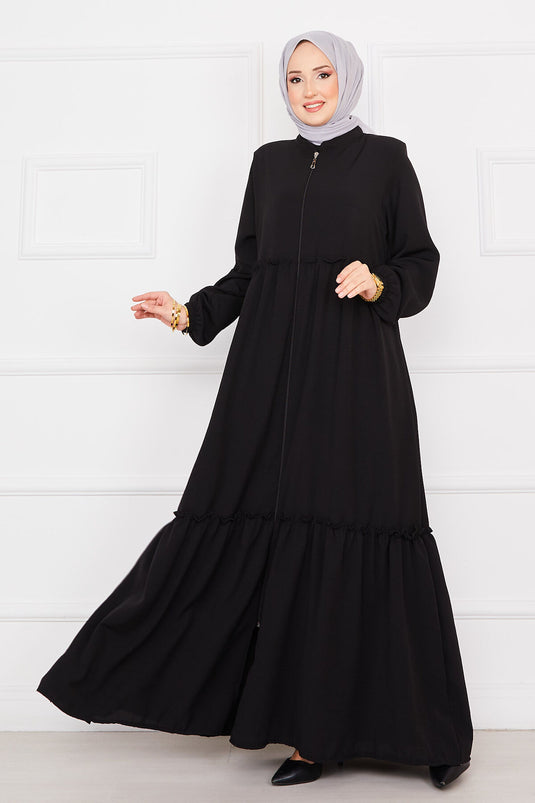 Abaya hijab froncée à manches élastiques noire