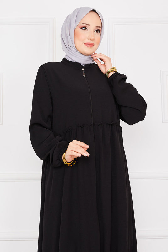 Abaya hijab froncée à manches élastiques noire