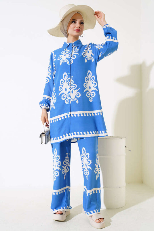 Kolu Lastikli Desenli İkili Takım Mavi