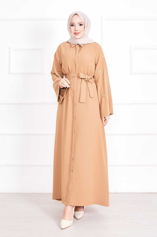 Embroidered Pearl Detailed Removable Belted Abaya Camel