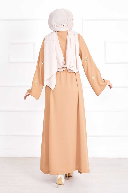 Embroidered Pearl Detailed Removable Belted Abaya Camel