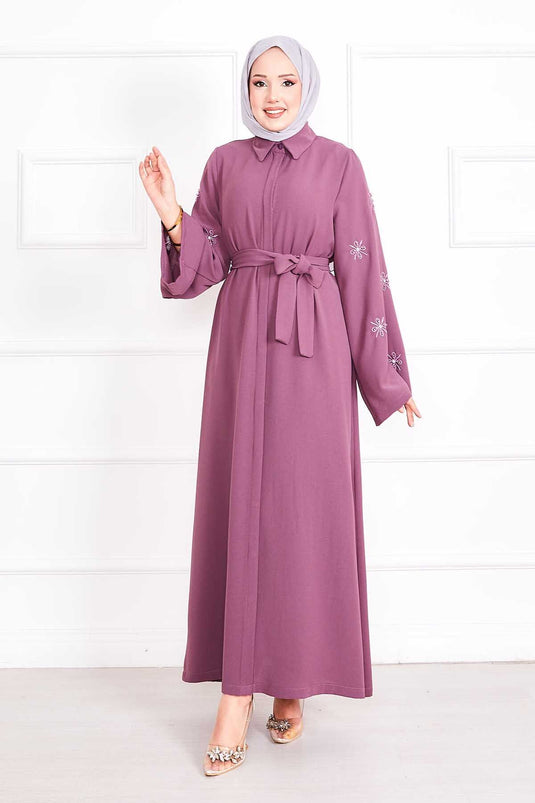 Embroidered Pearl Detailed Sleeve Removable Belted Abaya Rose Dusty