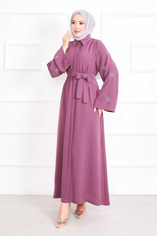 Embroidered Pearl Detailed Sleeve Removable Belted Abaya Rose Dusty