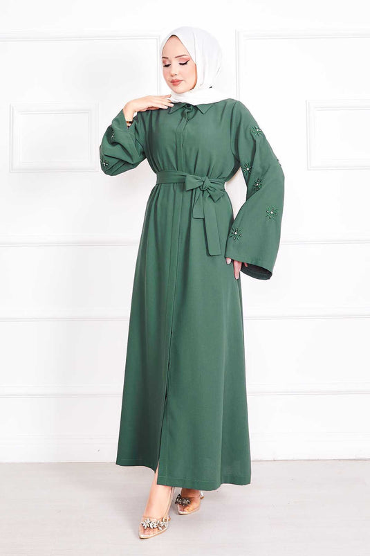 Embroidered Pearl Detailed Removable Belted Abaya Khaki