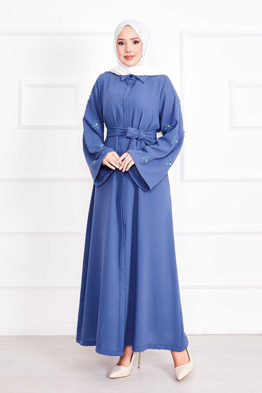 Embroidered Pearl Detailed Removable Belted Abaya Indigo