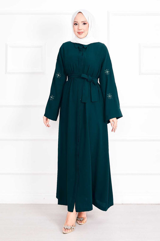 Embroidered Pearl Detailed Sleeve Removable Belted Abaya Emerald
