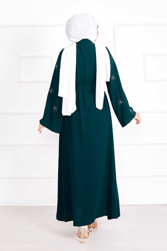 Embroidered Pearl Detailed Sleeve Removable Belted Abaya Emerald