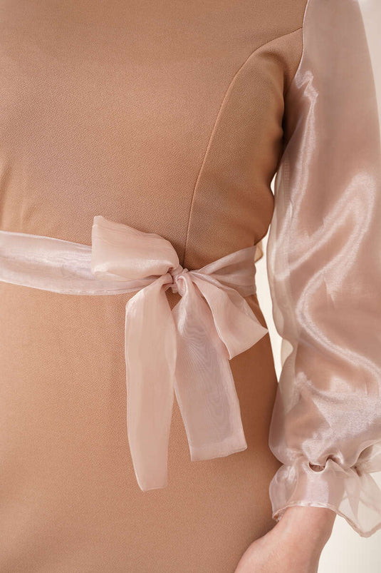 Robe Organza À Manches Beige