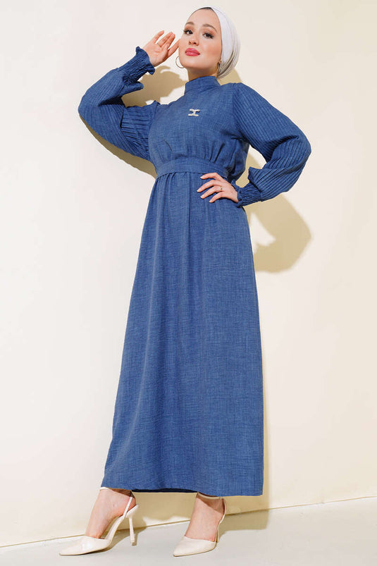 Leinenkleid mit Faltenärmeln Indigo