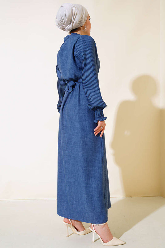 Leinenkleid mit Faltenärmeln Indigo