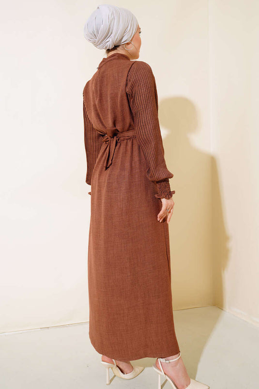 Kolu Piliseli Keten Elbise Kahve