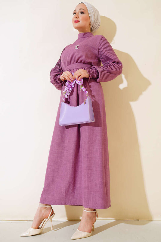 Plisseret ærmet linned kjole Magenta