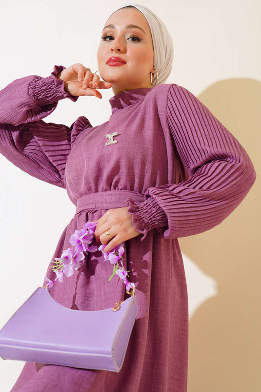 Plisseret ærmet linned kjole Magenta