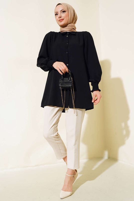 Kolu Taş Şeritli Tunik Siyah