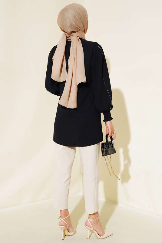 Kolu Taş Şeritli Tunik Siyah