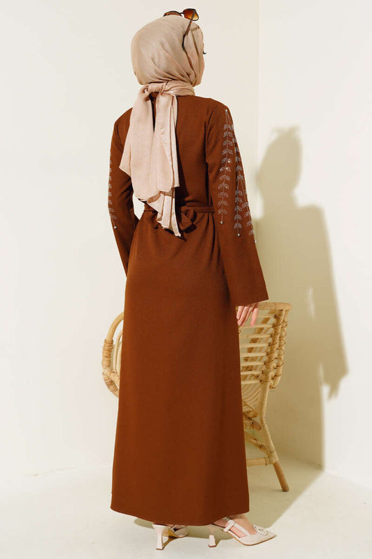 Abaya avec manches décorées de pierres Marron