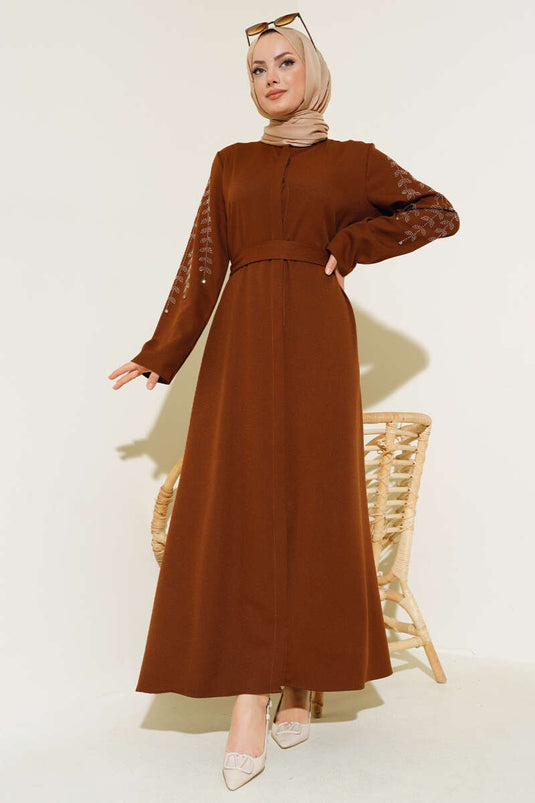 Abaya avec manches décorées de pierres Marron