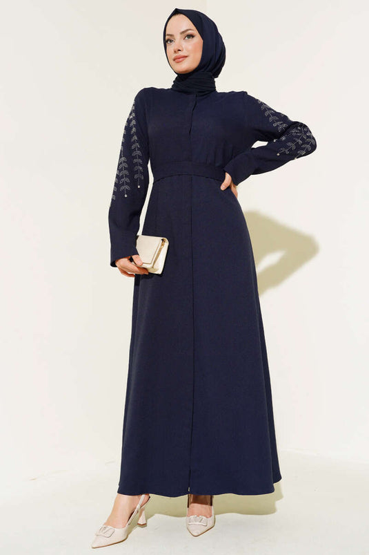 Abaya avec Manches Décorées de Pierres Bleu Marine