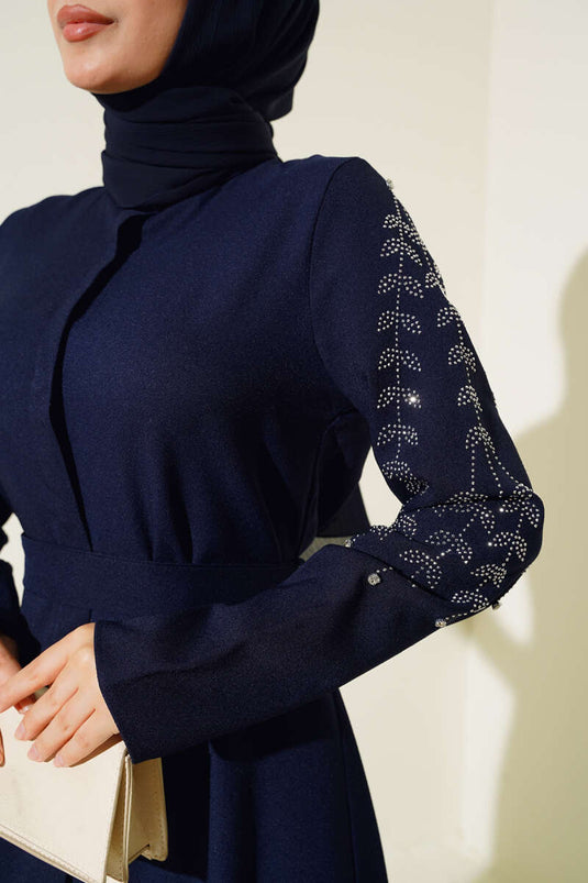 Abaya avec Manches Décorées de Pierres Bleu Marine