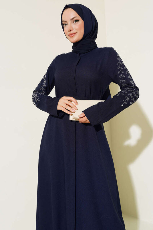 Abaya avec Manches Décorées de Pierres Bleu Marine