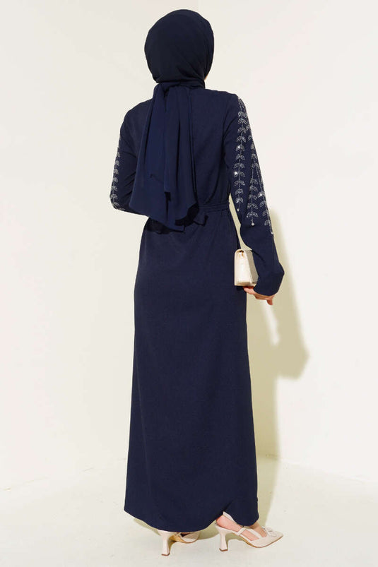 Abaya avec Manches Décorées de Pierres Bleu Marine