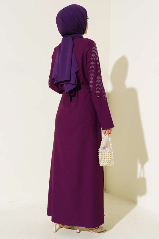 Abaya Violet avec Manches Décorées de Pierres