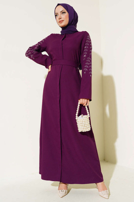 Abaya Violet avec Manches Décorées de Pierres