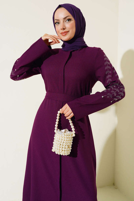 Abaya Violet avec Manches Décorées de Pierres