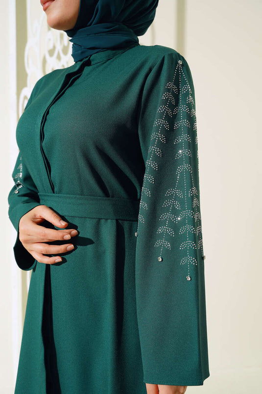 Abaya avec manches décorées de pierres, émeraude