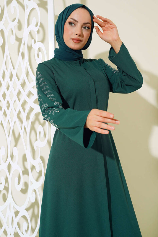 Abaya avec manches décorées de pierres, émeraude