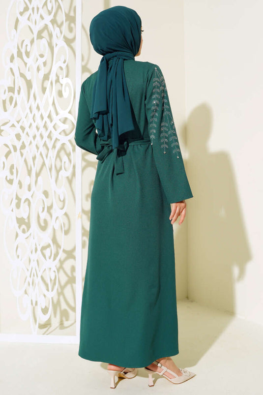 Abaya avec manches décorées de pierres, émeraude