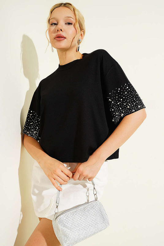 Kolu Taşlı Loyşa T-shirt Siyah