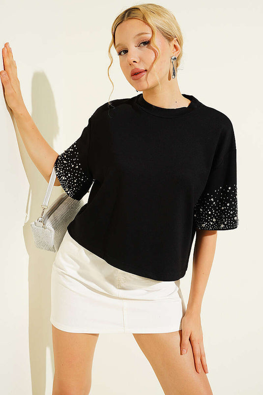 Kolu Taşlı Loyşa T-shirt Siyah